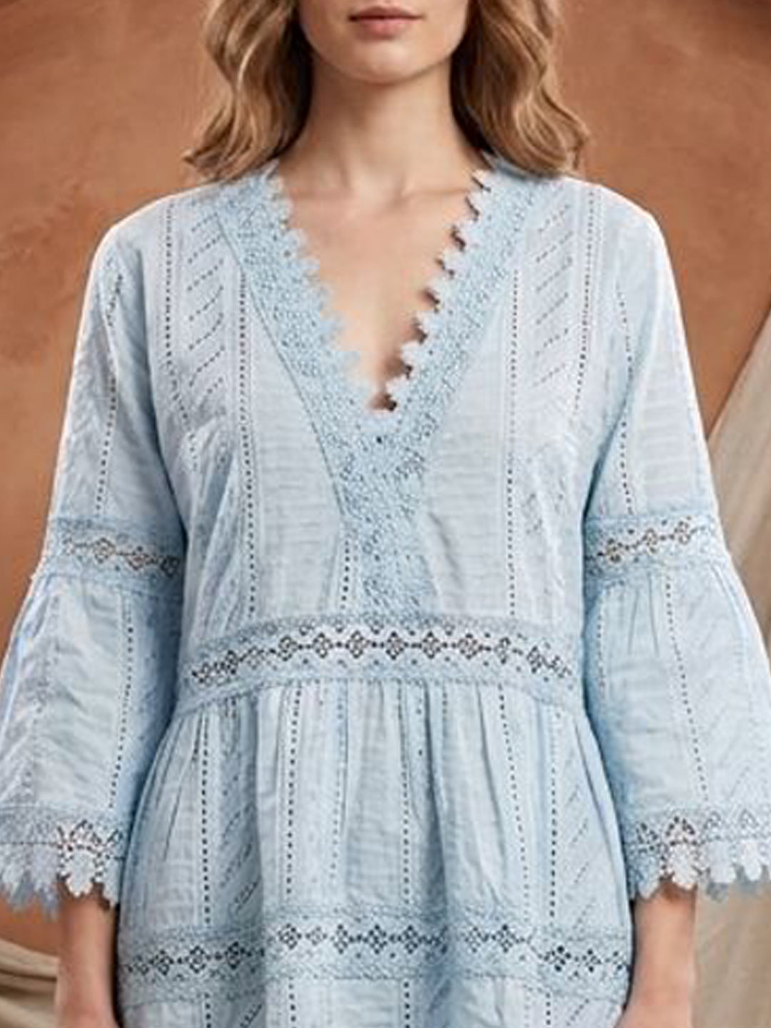 Women Embroidered Scalloped Lace Trim Cotton Midi Dress -AL3703 Blue