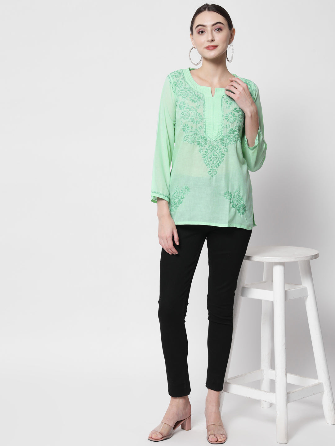Hand Embroidered Chikankari Cotton Straight Kurti-AL3405 Green