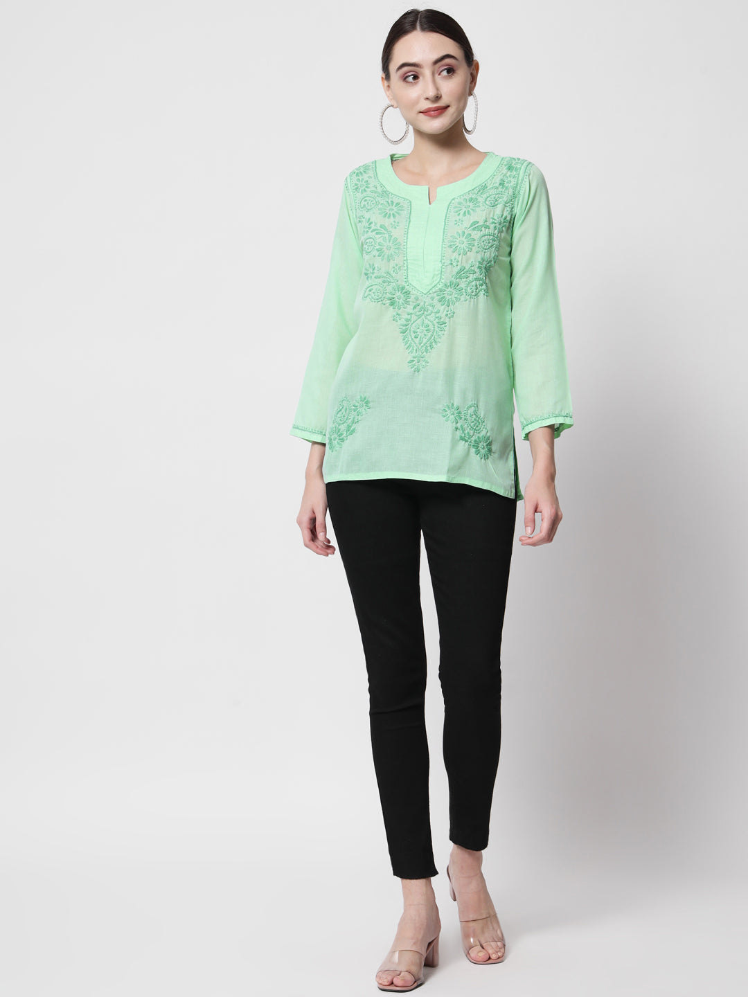 Hand Embroidered Chikankari Cotton Straight Kurti-AL3405 Green