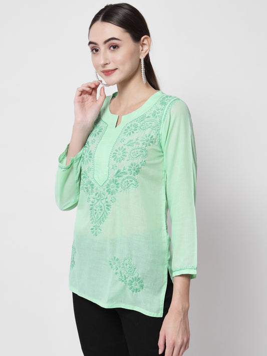 Hand Embroidered Chikankari Cotton Straight Kurti-AL3405 Green