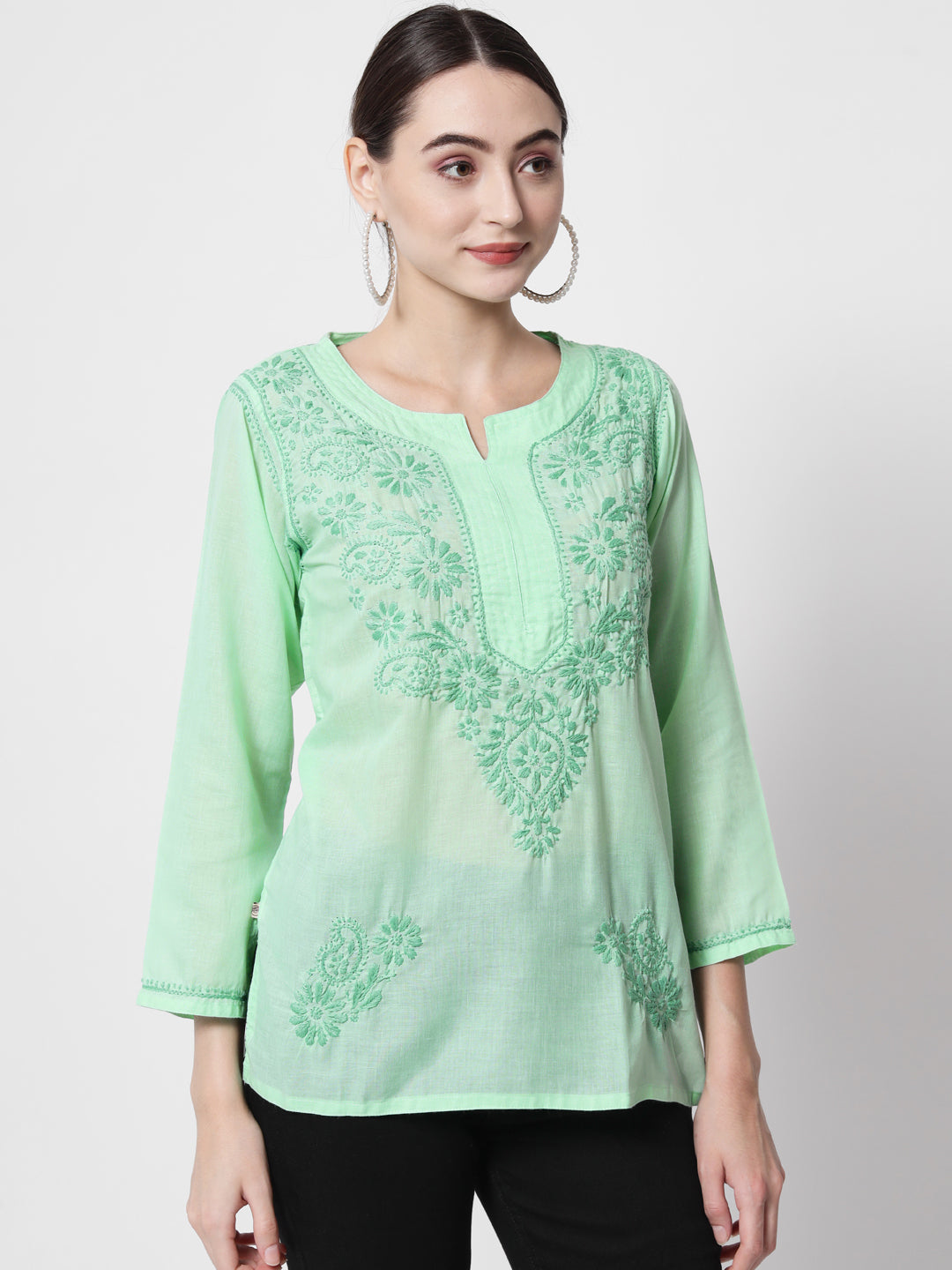 Hand Embroidered Chikankari Cotton Straight Kurti-AL3405 Green