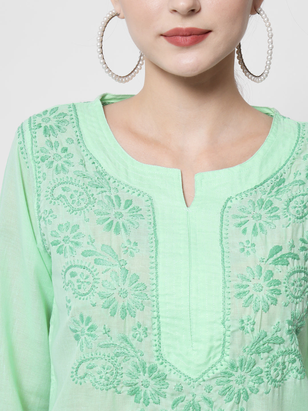 Hand Embroidered Chikankari Cotton Straight Kurti-AL3405 Green
