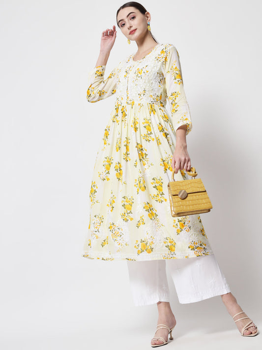 Women Hand Embroidered Chikankari Cotton Kurta-AL3583 Yellow