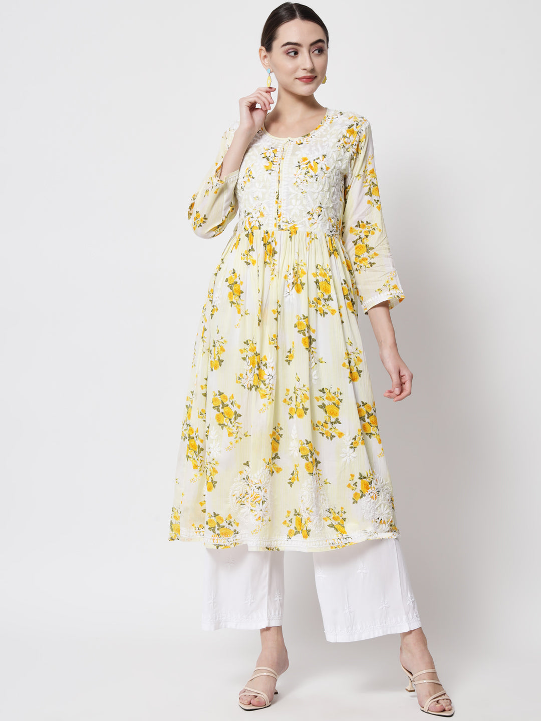 Women Hand Embroidered Chikankari Cotton Kurta-AL3583 Yellow