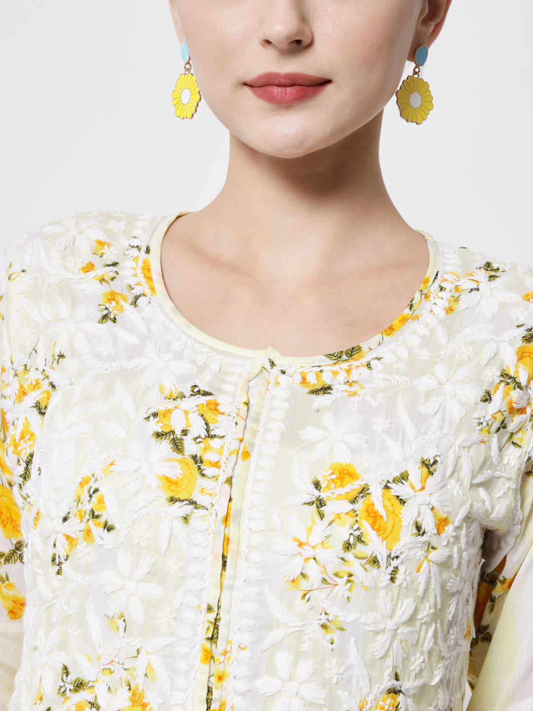 Women Hand Embroidered Chikankari Cotton Kurta-AL3583 Yellow