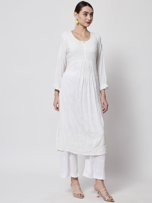 Women Hand Embroidered Chikankari Rayon Kurta-AL3549 White