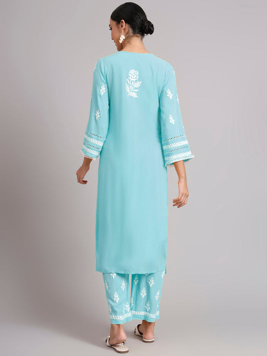 Women Hand Embroidered Lucknowi Chikankari Rayon Kurta Set-AL4078KS Skyblue