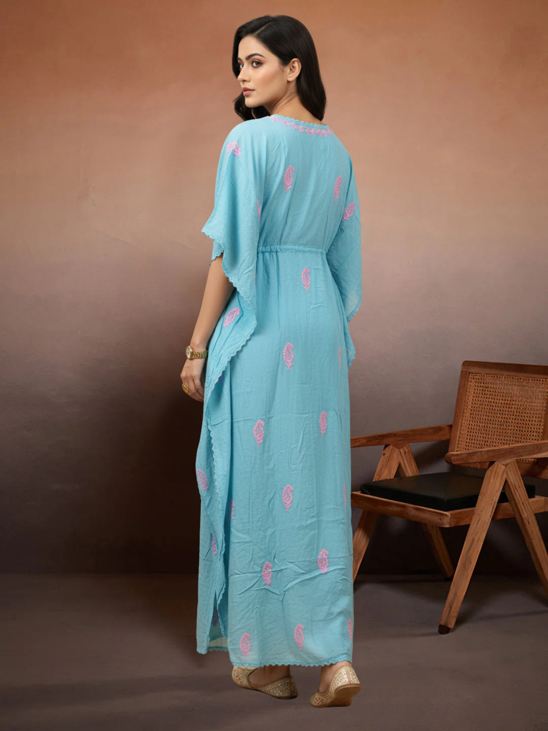 Hand Embroidered Chikankari Rayon Kaftan-AL3474 Pink
