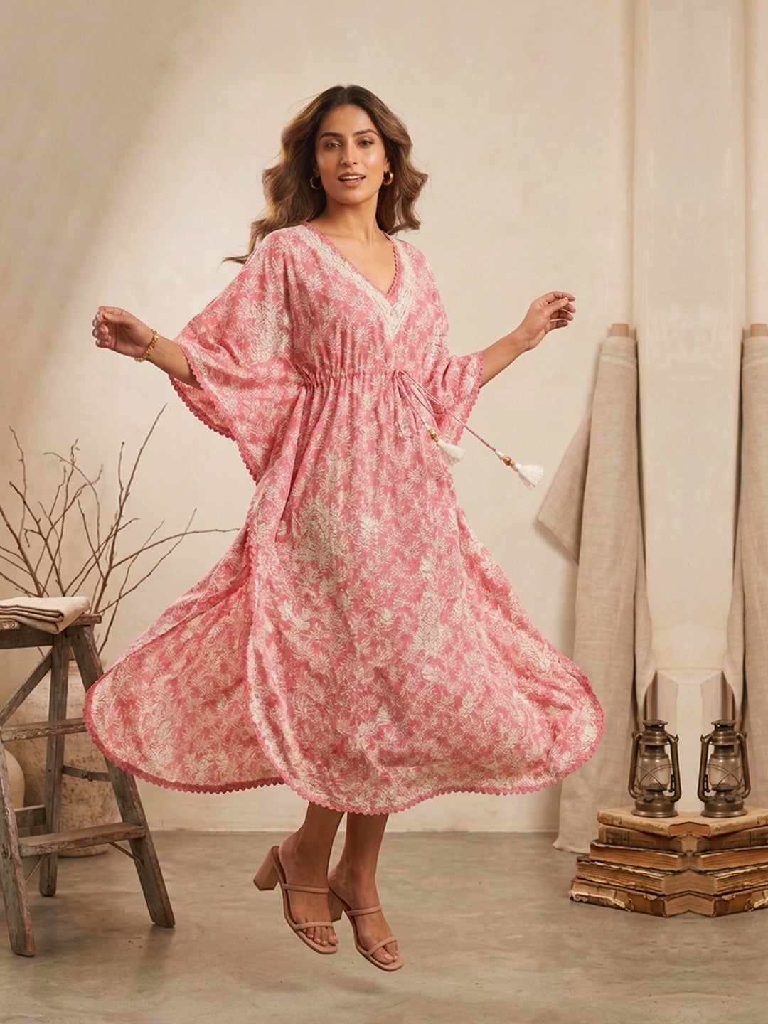 Hand Embroidered Chikankari Cotton Kaftan-AL3833 New Coral