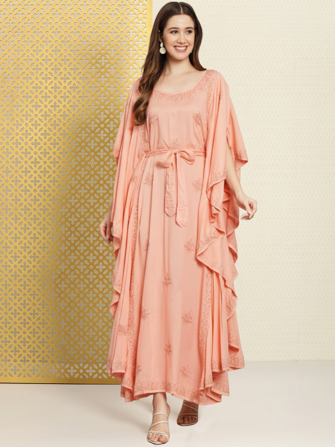 Hand Embroidered Chikankari Modal Kaftan-AL3604A Peachandpeach