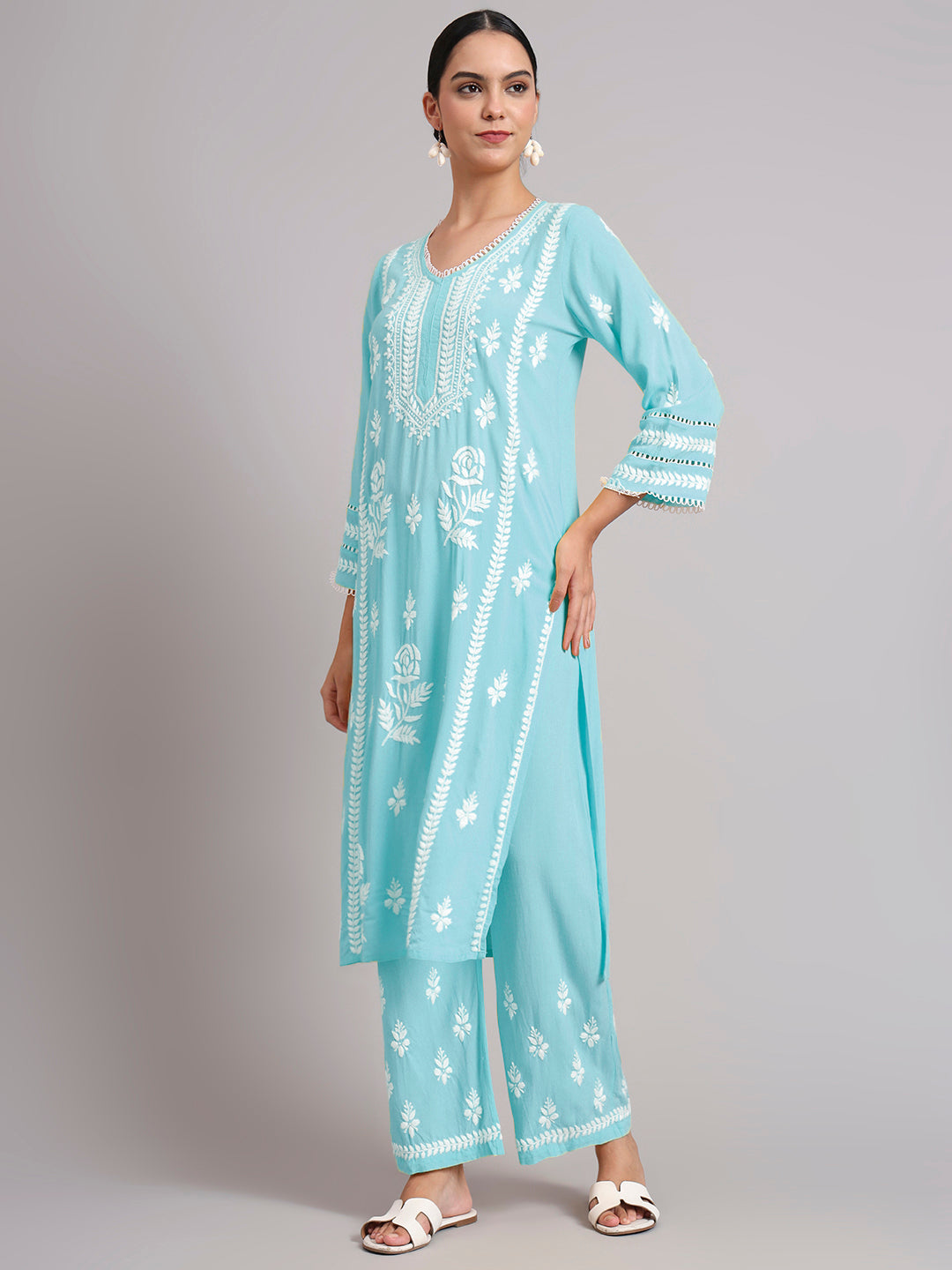 Women Hand Embroidered Lucknowi Chikankari Rayon Kurta Set-AL4078KS Skyblue