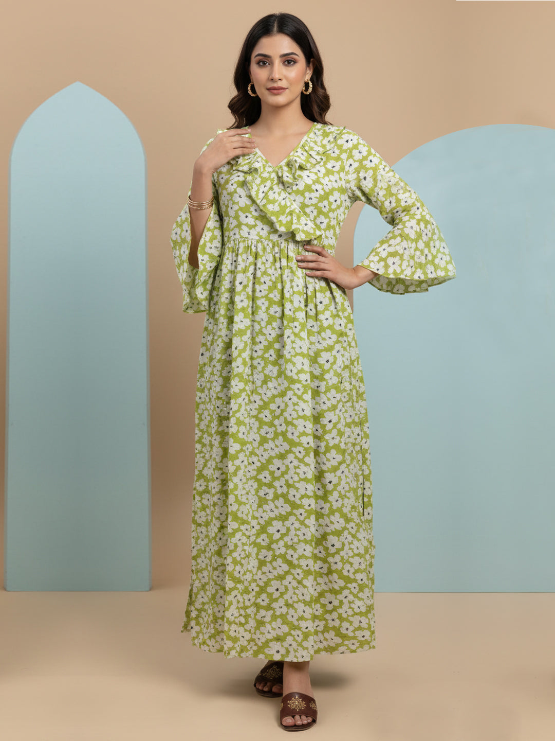 Women Printed Cotton Jalabiya-AL4008 Fluorescentgreen