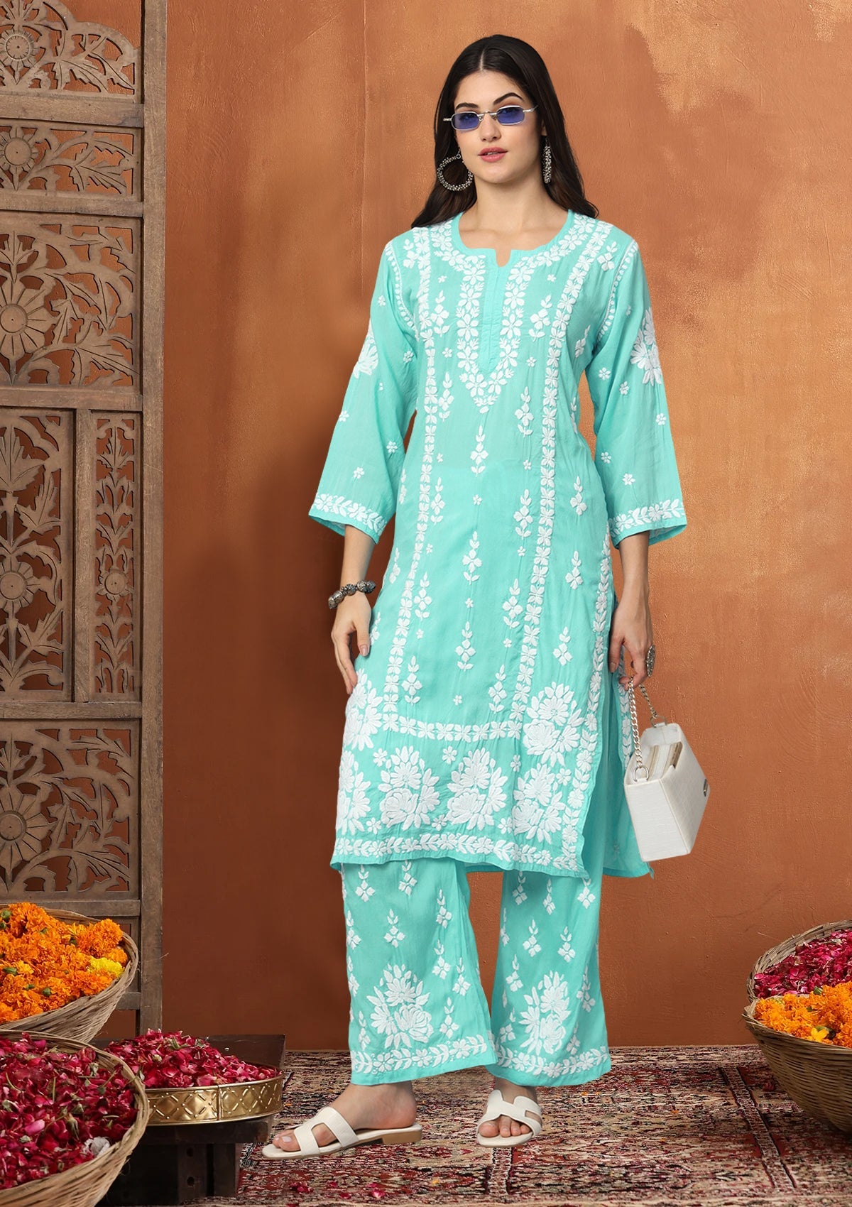 Women Hand Embroidered Chikankari Modal Kurta set-AL4049KS Seagreen