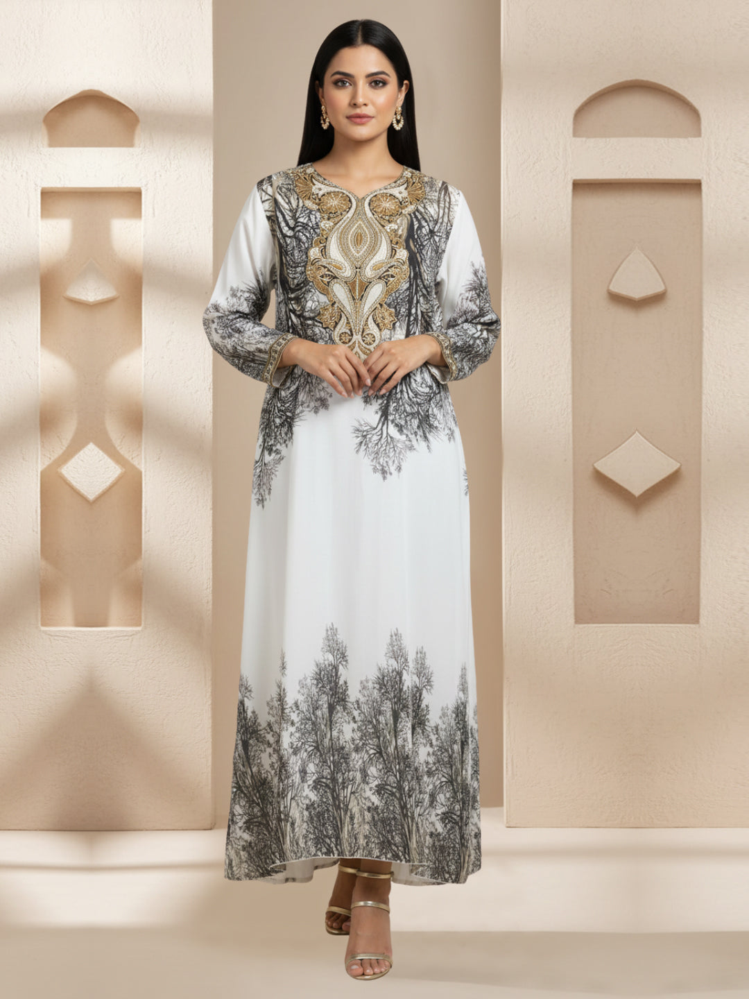 Women Floral Embroidered Chiffon Jalabiya-AL3830 Black
