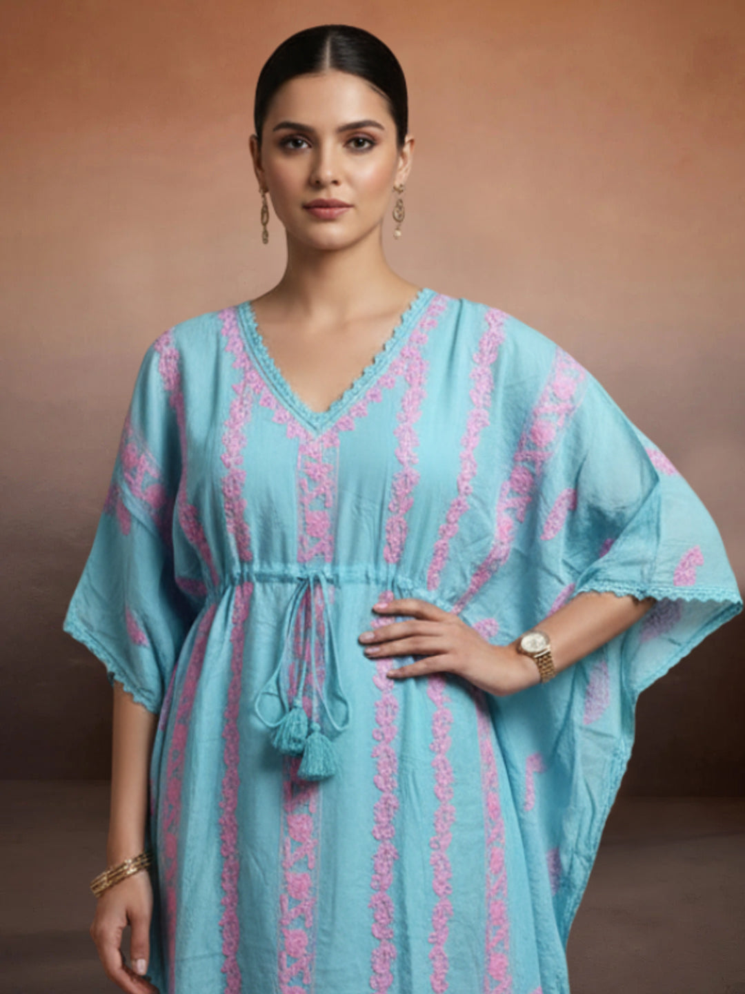 Hand Embroidered Chikankari Rayon Kaftan-AL3474 Pink