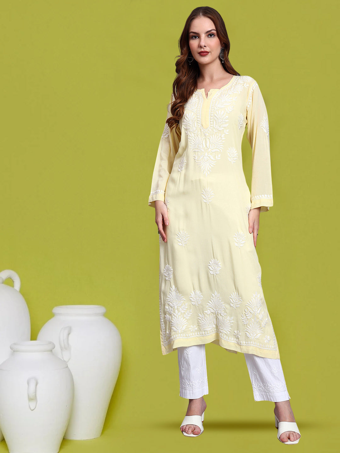 Hand Embroidered Chikankari Modal Straight Kurta-AL3683 Yellow