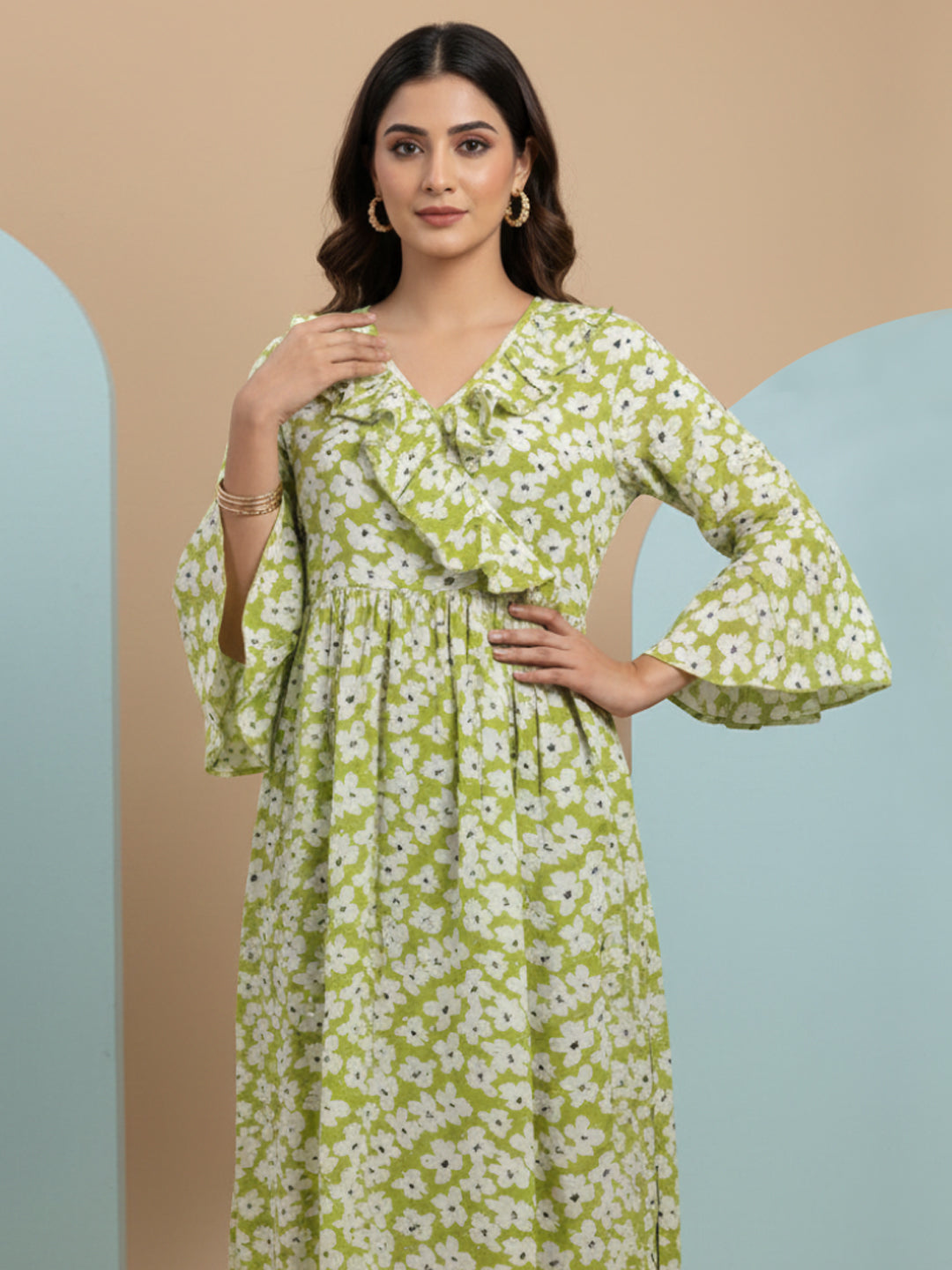 Women Printed Cotton Jalabiya-AL4008 Fluorescentgreen