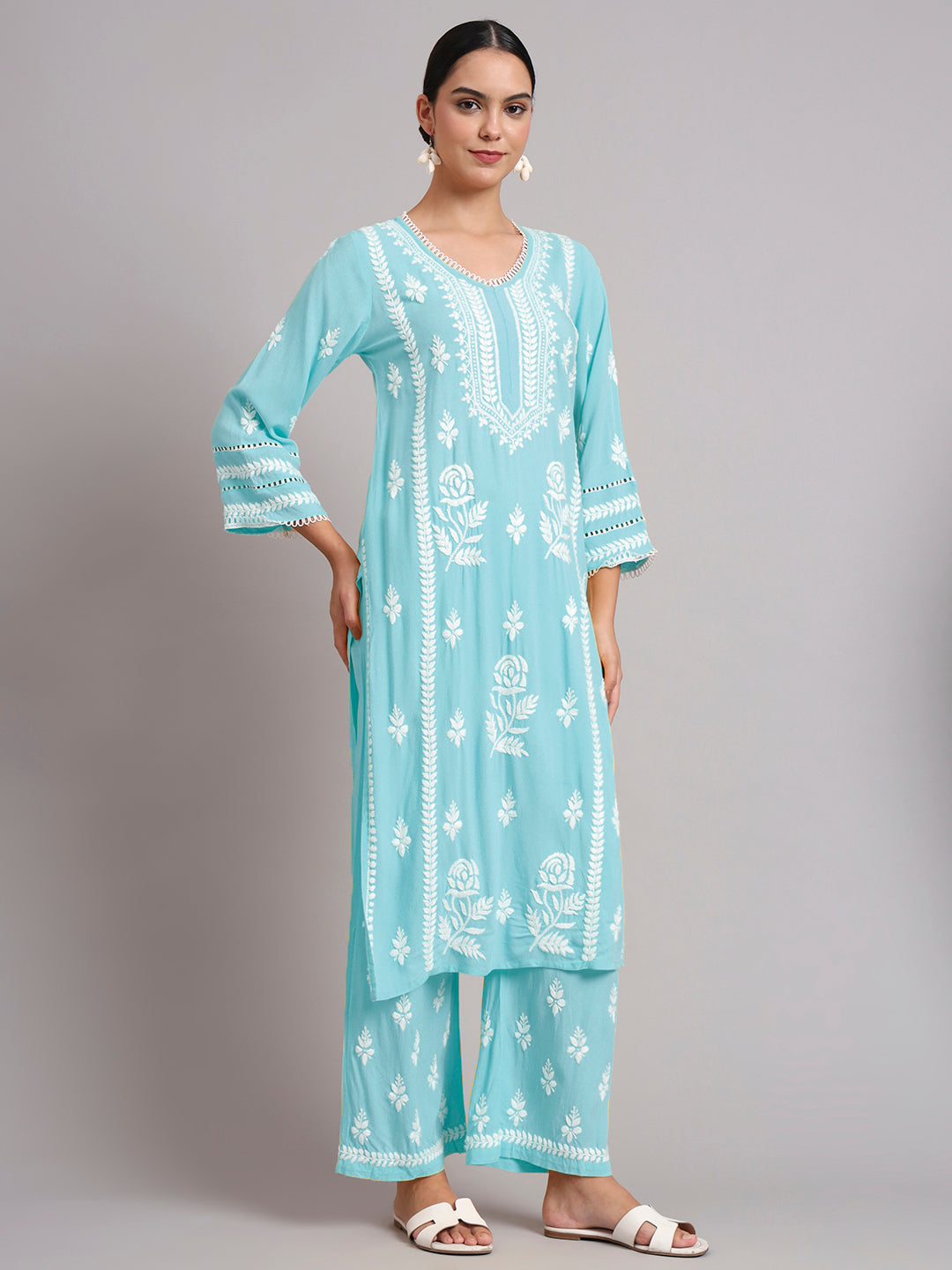 Women Hand Embroidered Lucknowi Chikankari Rayon Kurta Set-AL4078KS Skyblue