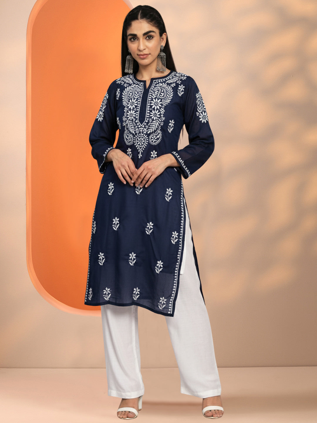 Hand Embroidered Chikankari Cotton Straight Kurta-AL3561 Navy
