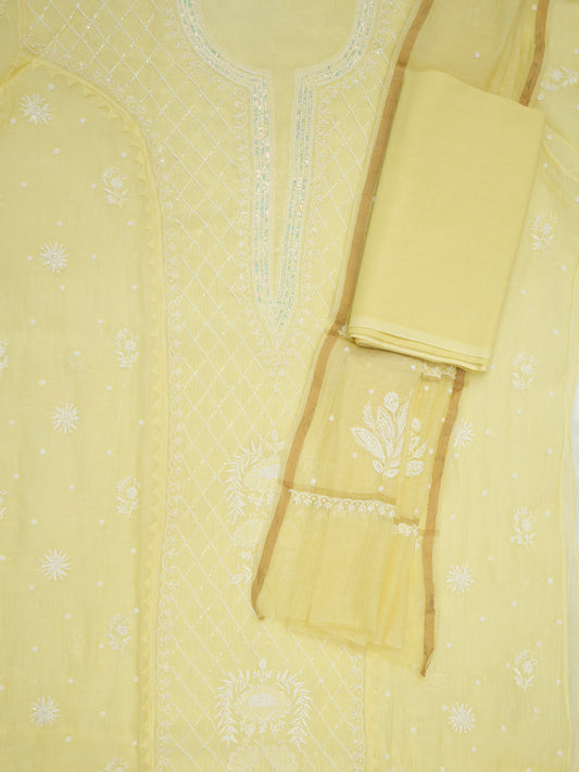Women Hand Embroidered Premium Chikankari Mul Chanderi Unstitched Kurta Dupatta Bottom Set-ALSCA85201FS Yellow