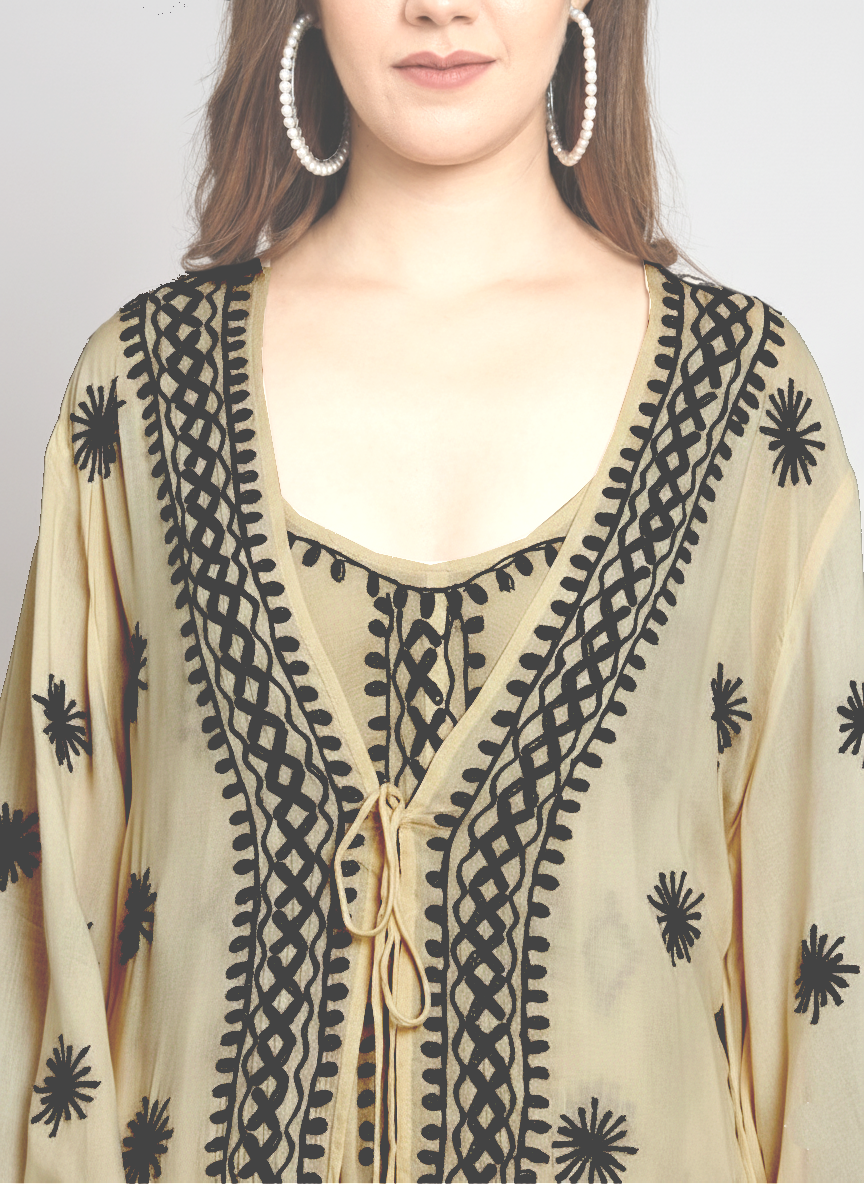 Hand Embroidered Chikankari Modal Kaftan-AL3605A Beige