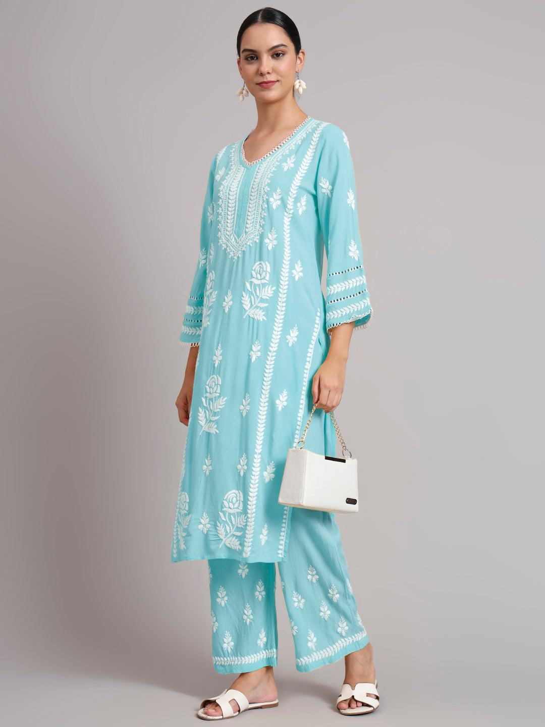 Women Hand Embroidered Lucknowi Chikankari Rayon Kurta Set-AL4078KS Skyblue