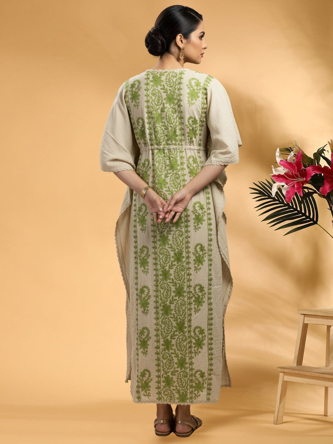 Hand Embroidered Chikankari Rayon Kaftan-AL3475 Green