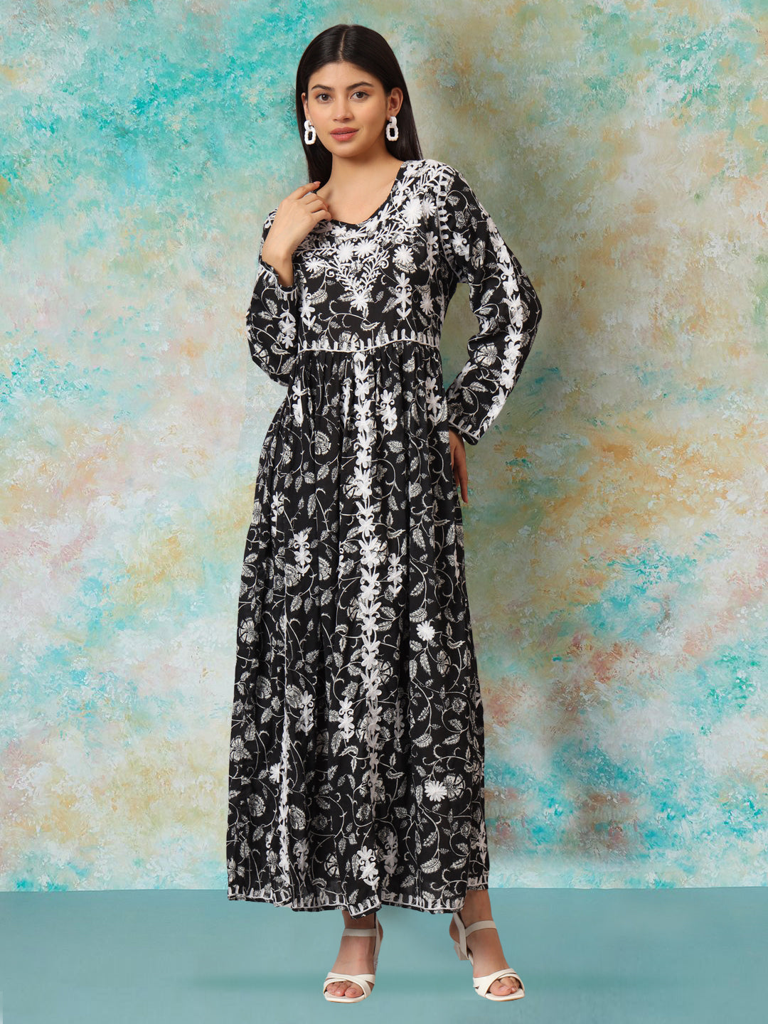 Hand Embroidered Lucknowi Chikankari Printed Mulmul Cotton Jalabiya-AL3936 Black