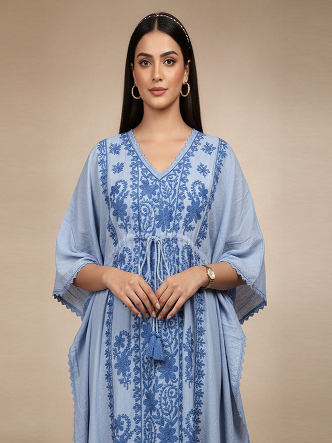 Hand Embroidered Chikankari Rayon Kaftan-AL3475 Denim
