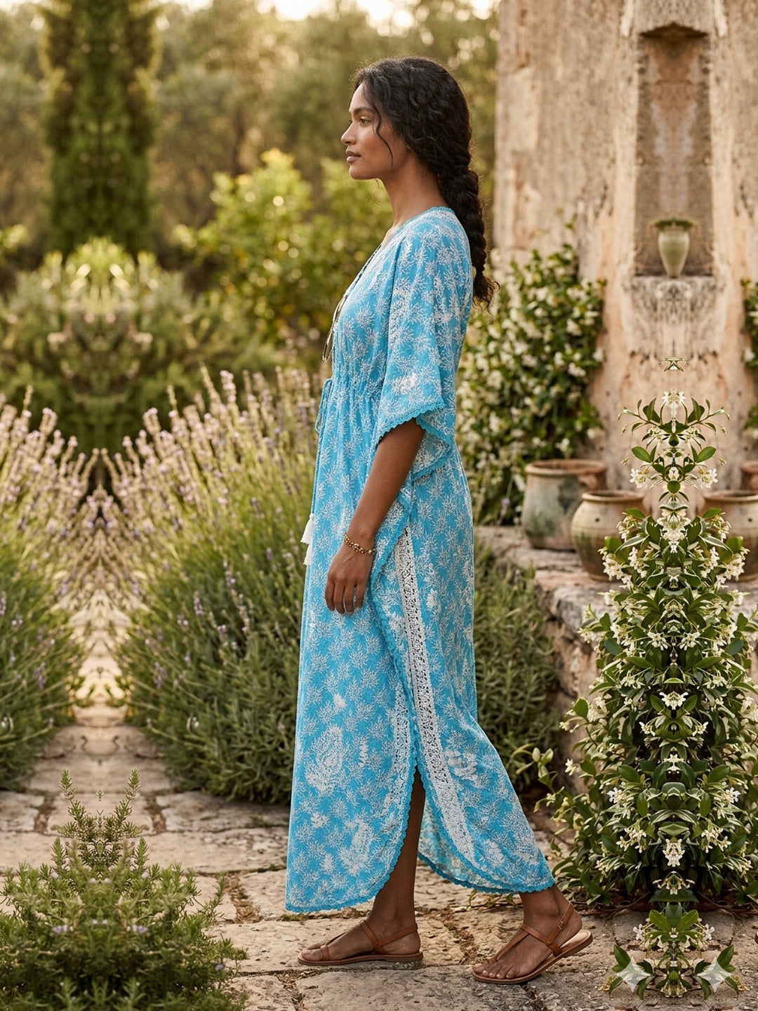 Hand Embroidered Chikankari Cotton Kaftan-AL3833 New Turquoise