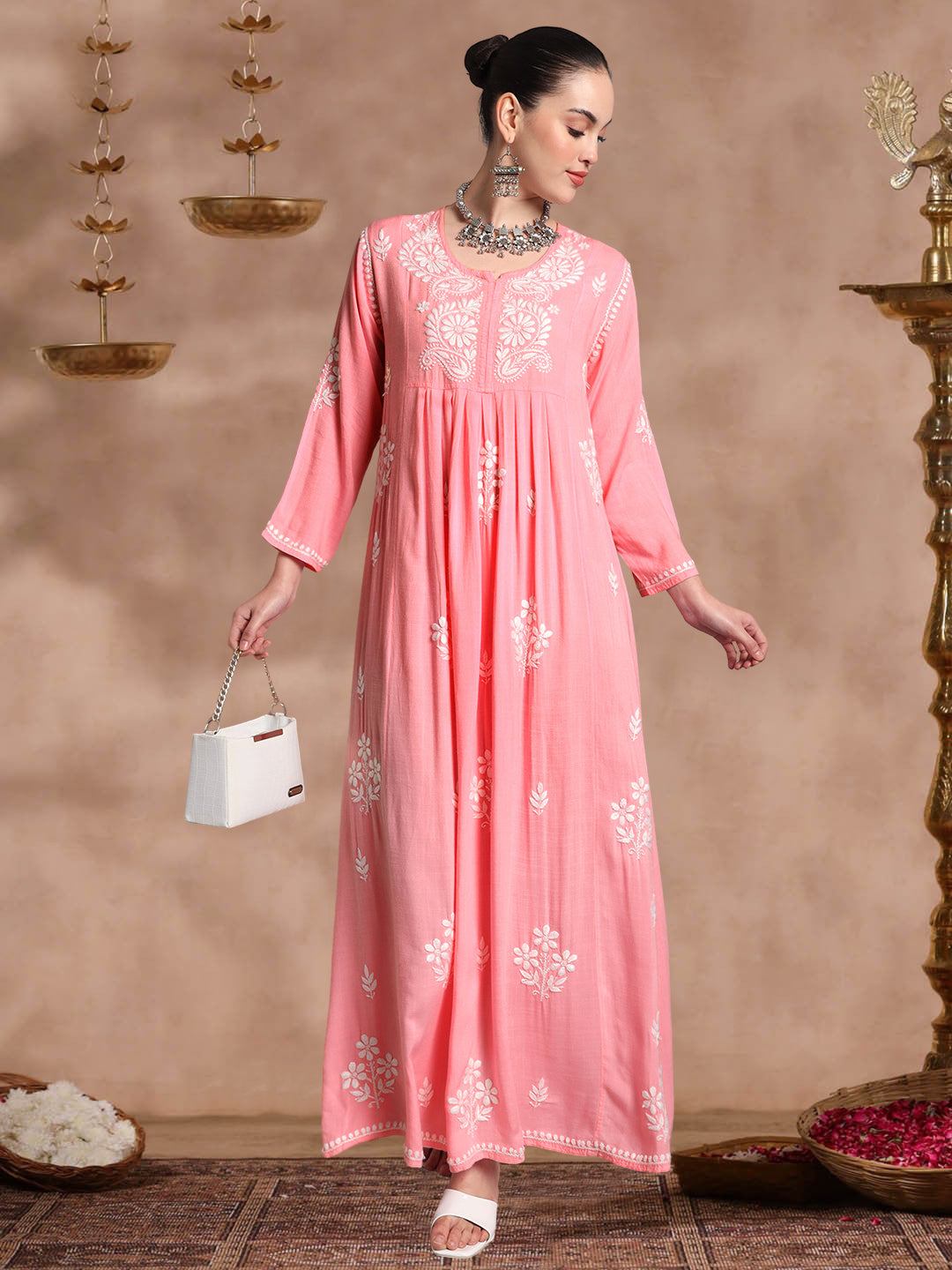 Hand Embroidered Chikankari A-Line Gathering Pattern Rayon Jalabiya-AL4012 Peach