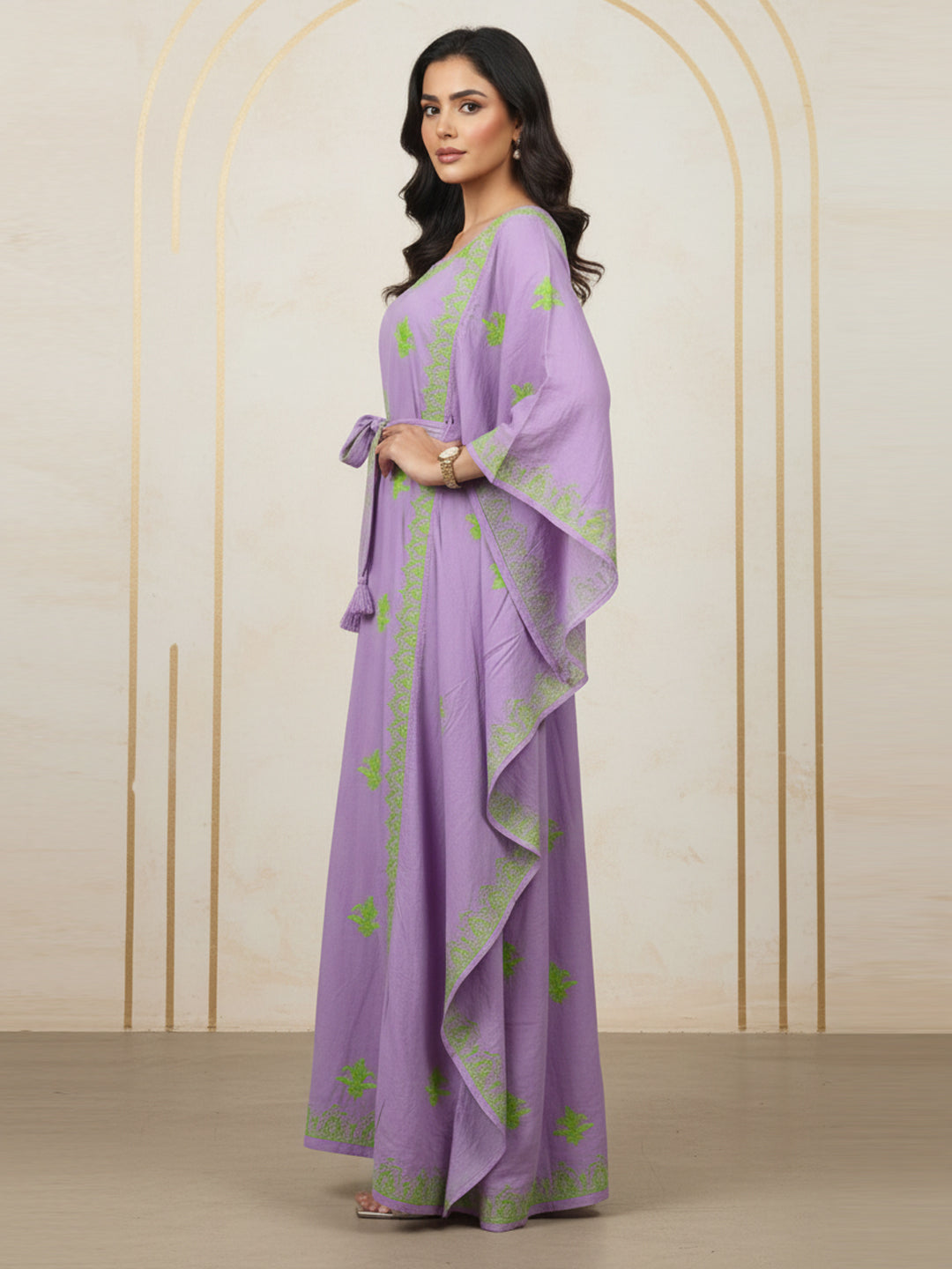 Hand Embroidered Chikankari Modal Kaftan-AL3604A Mauveandgreen