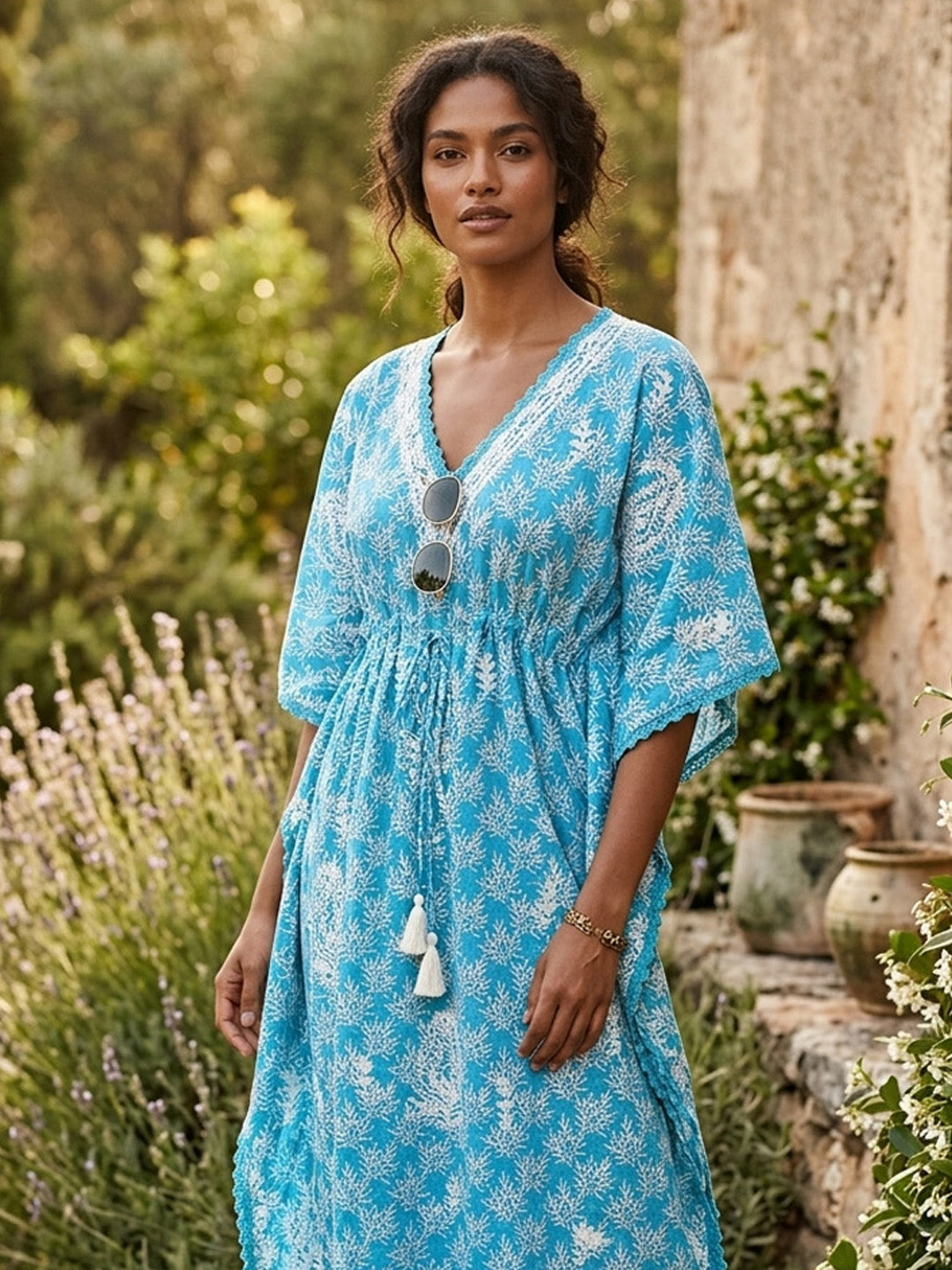 Hand Embroidered Chikankari Cotton Kaftan-AL3833 New Turquoise