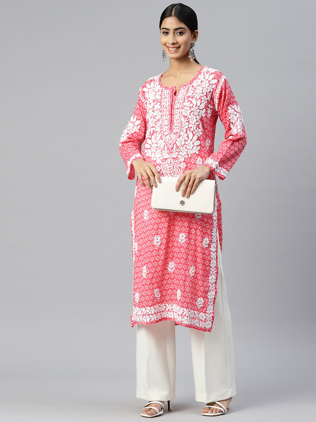 Women Hand Embroidered Lucknowi Chikankari Mulmul Cotton Kurta - AL3650 Pink