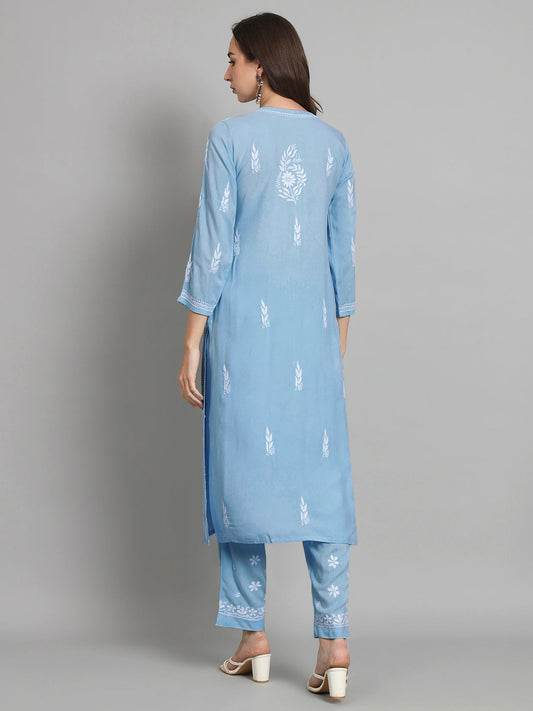 Women Hand Embroidered Chikankari Rayon Kurta set-AL3451KS Denim