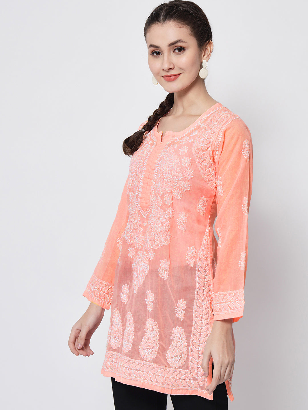 Hand Embroidered Chikankari Cotton Straight Kurti-AL3595 Darkpeach