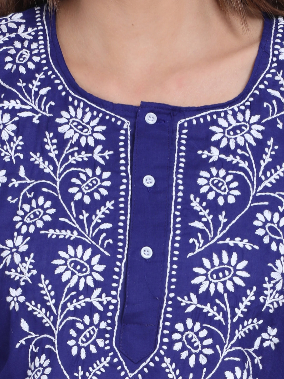 Women Hand Embroidered Chikankari Cotton Kurti-ALSTV115 Darkblue