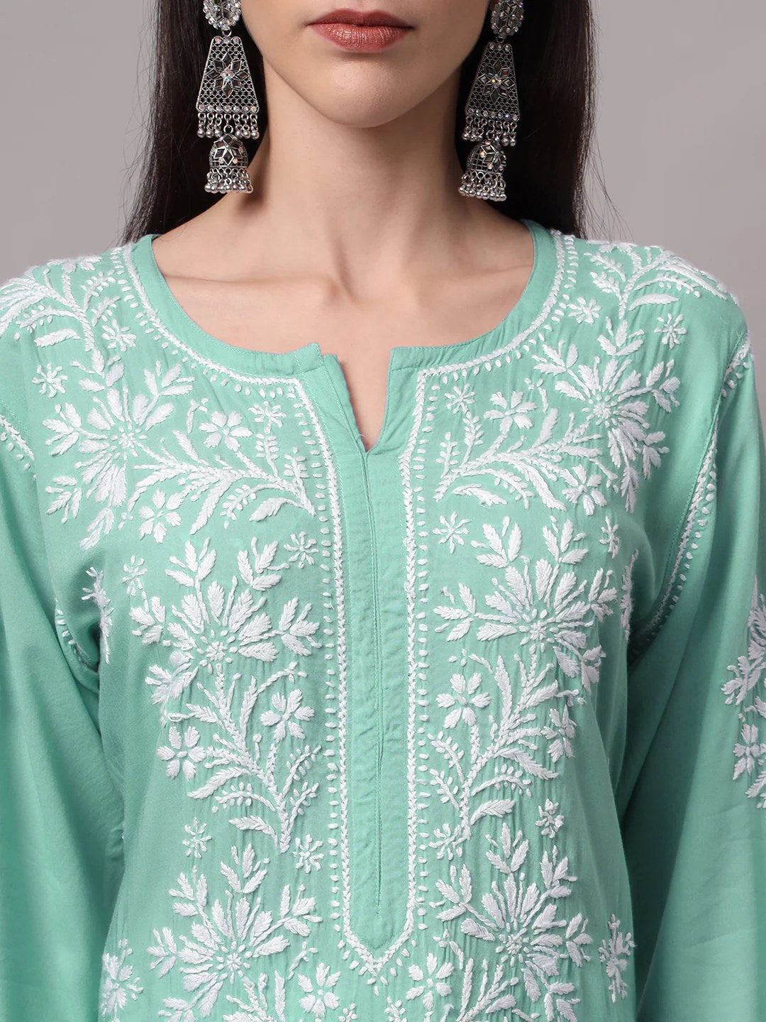 Women Hand Embroidered Chikankari Modal Kurta-AL4059 Sea Green