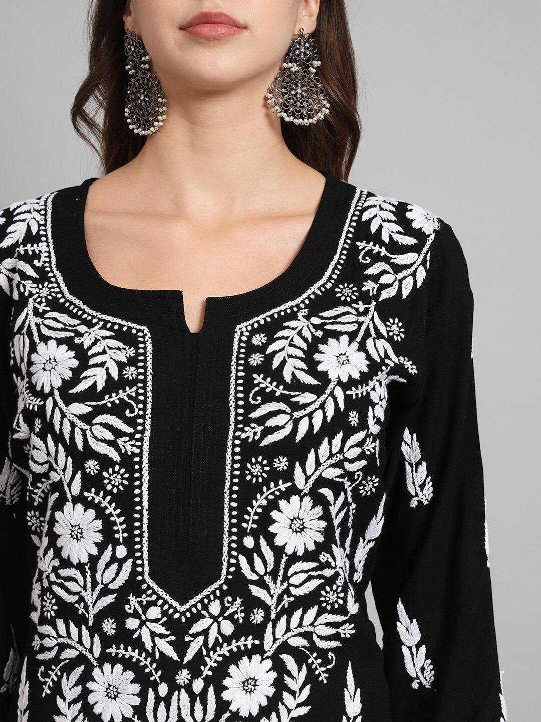 Women Hand Embroidered Chikankari Rayon Kurta set-AL3451KS Black