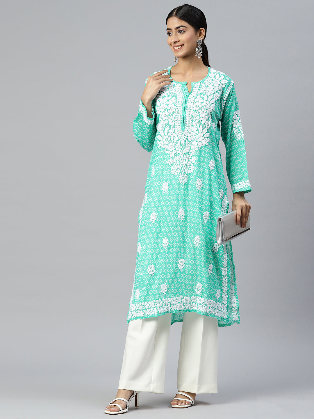 Women Hand Embroidered Lucknowi Chikankari Mulmul Cotton Kurta - AL3650 Green