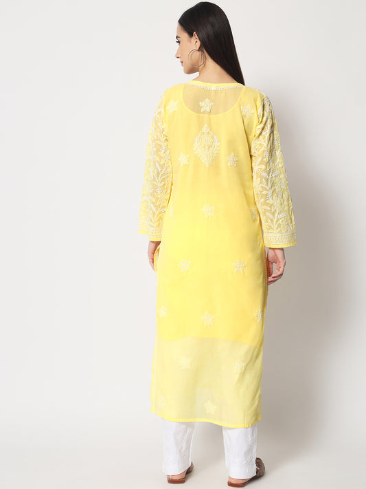 Women Hand Embroidered Chikankari Cotton Straight Kurta- AL3592 Mustard
