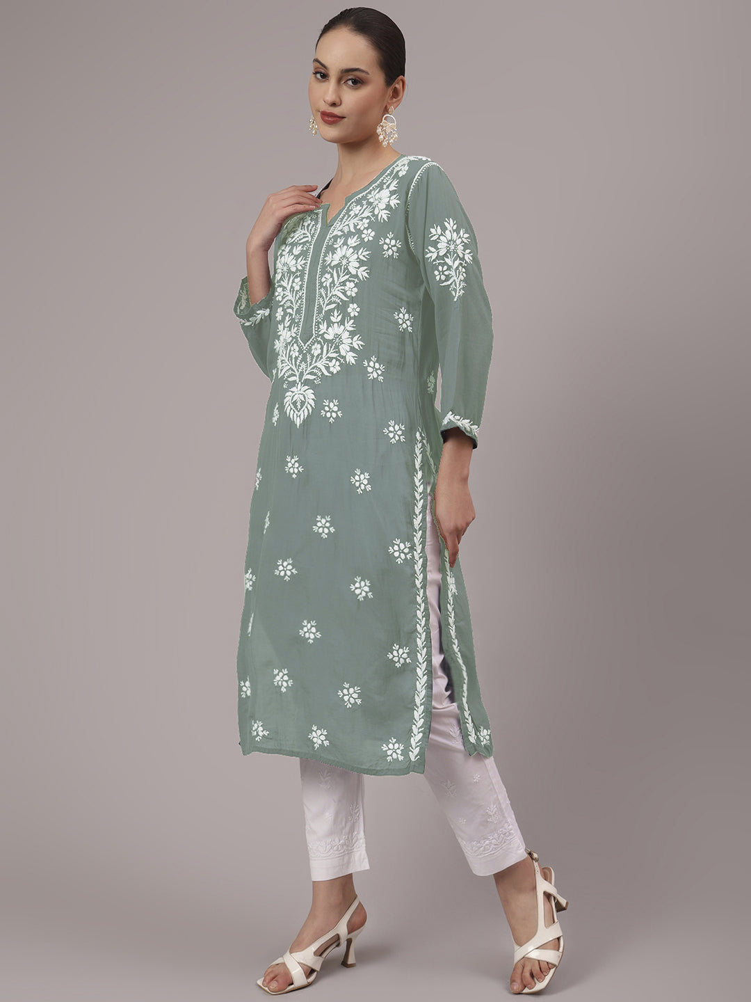 Women Hand Embroidered Chikankari Modal Kurta-AL4059 Light Grey