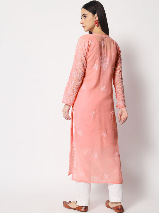 Women Hand Embroidered Chikankari Cotton Straight Kurta- AL3592 Darkpeach