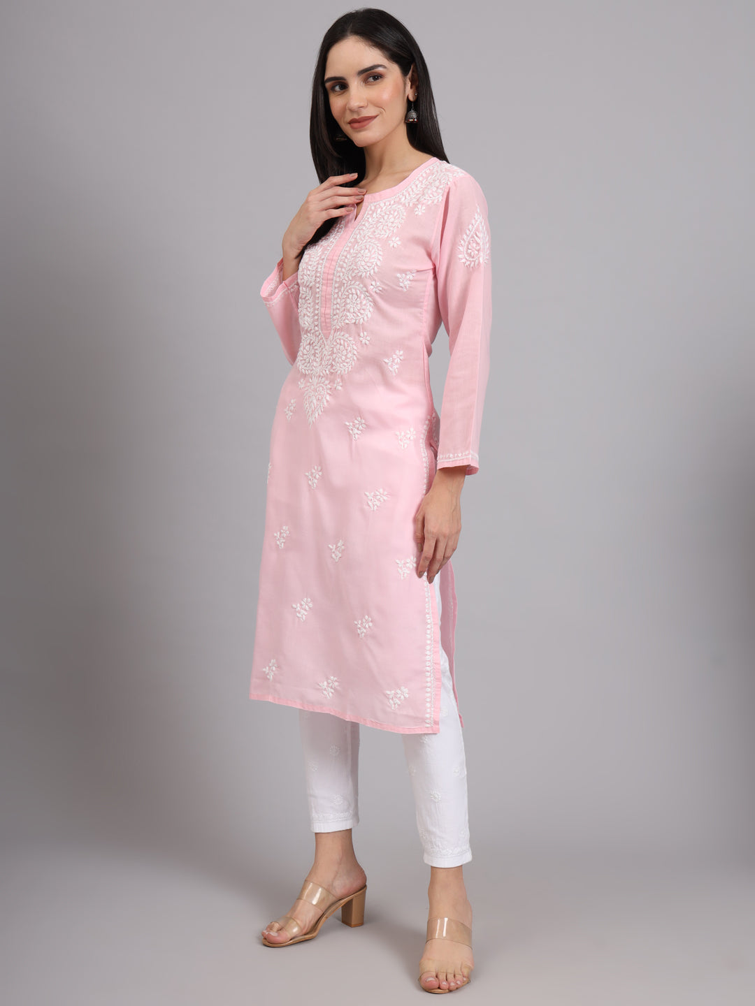 Hand Embroidered Chikankari Cotton Straight Kurta-AL3997 Pink