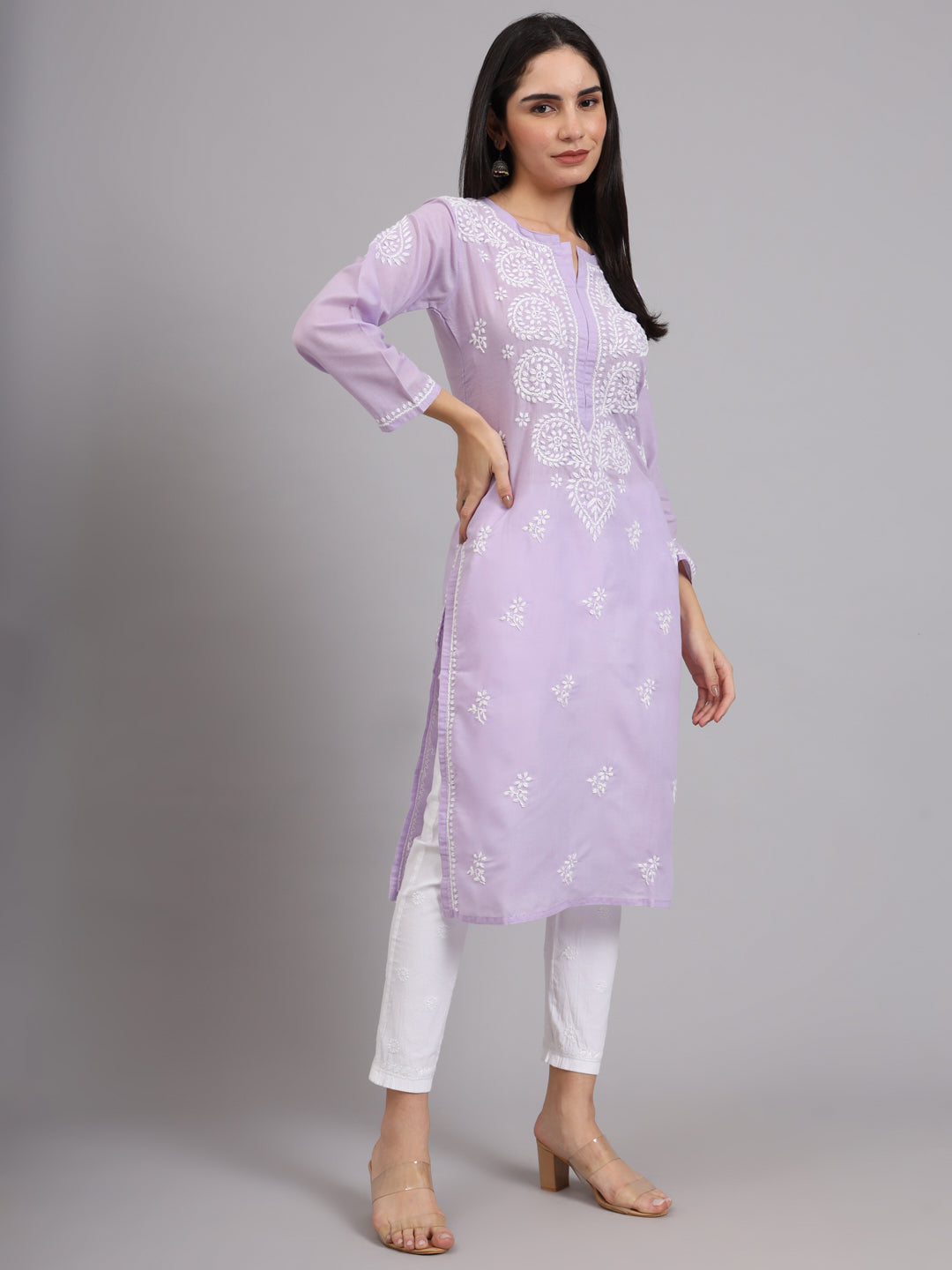 Hand Embroidered Chikankari Cotton Straight Kurta-AL3997 Mauve