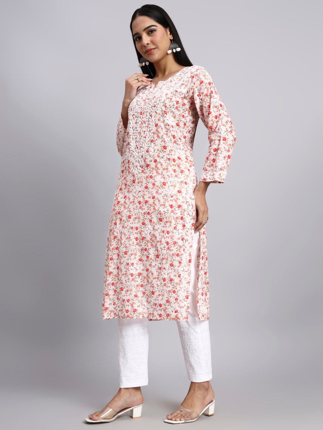 Hand Embroidered Chikankari Cotton Kurta-AL4105 Red