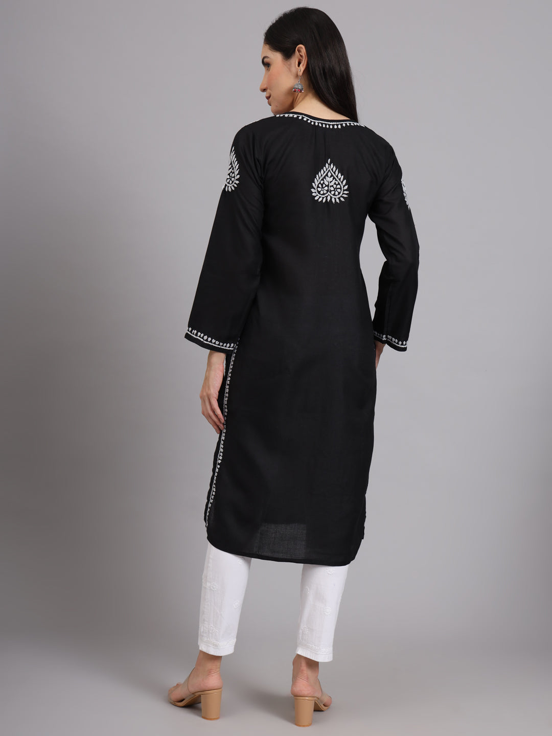 Hand Embroidered Chikankari Cotton Straight Kurta-AL3997 Black