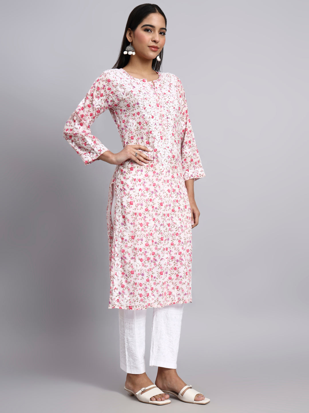 Hand Embroidered Chikankari Cotton Kurta-AL4105 Pink