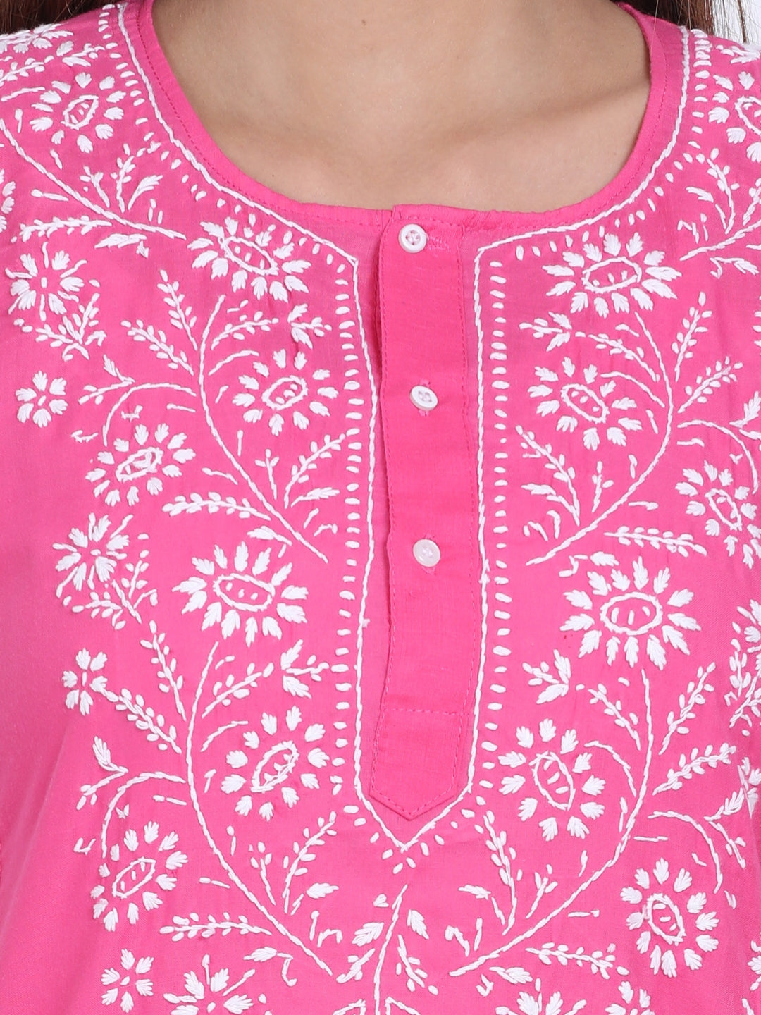 Women Hand Embroidered Chikankari Cotton Short Kurti-ALSTV115 Hotpink