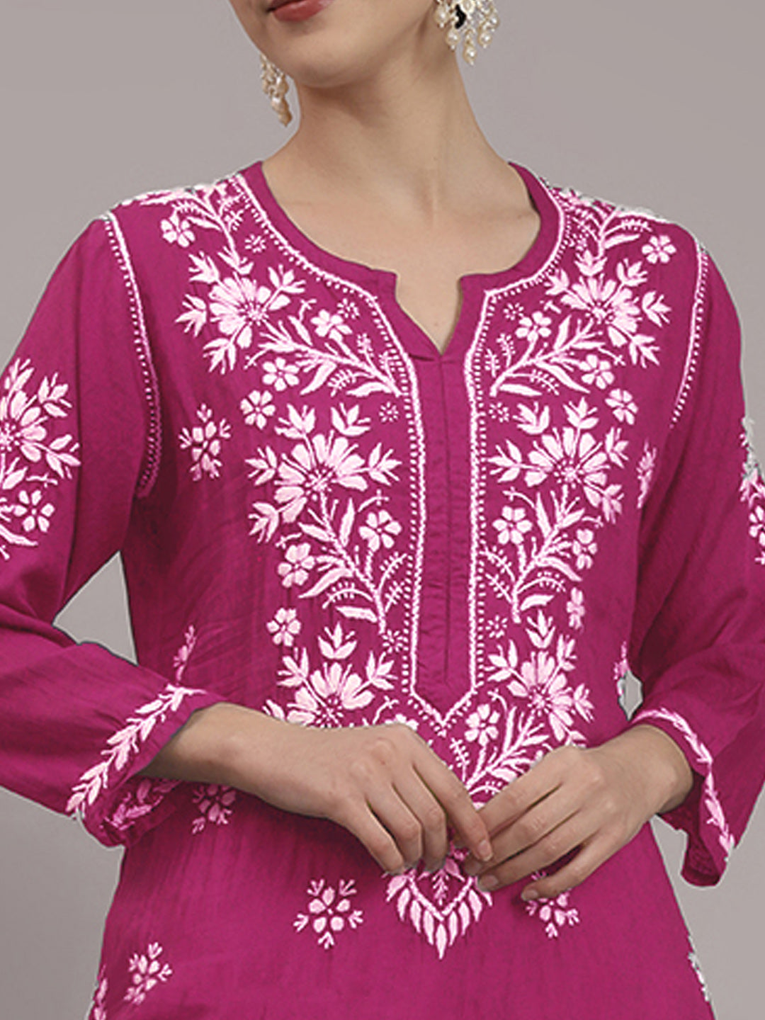 Women Hand Embroidered Chikankari Modal Kurta-AL4059 Magenta